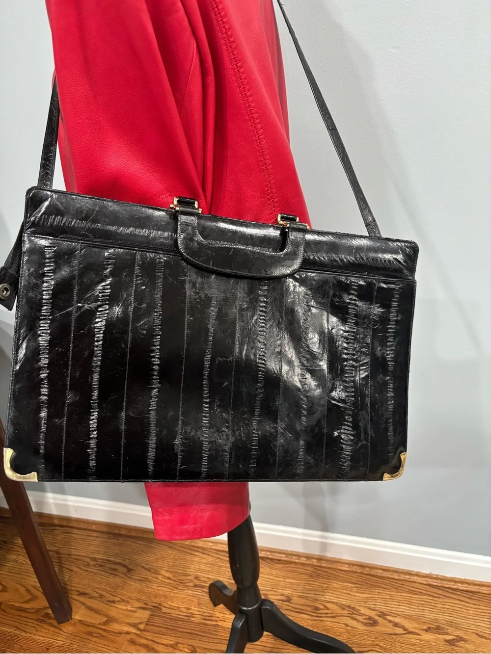 Vintage 80s Genuine Eel Skin Briefcase Crossbody Bag Black Gold Corners